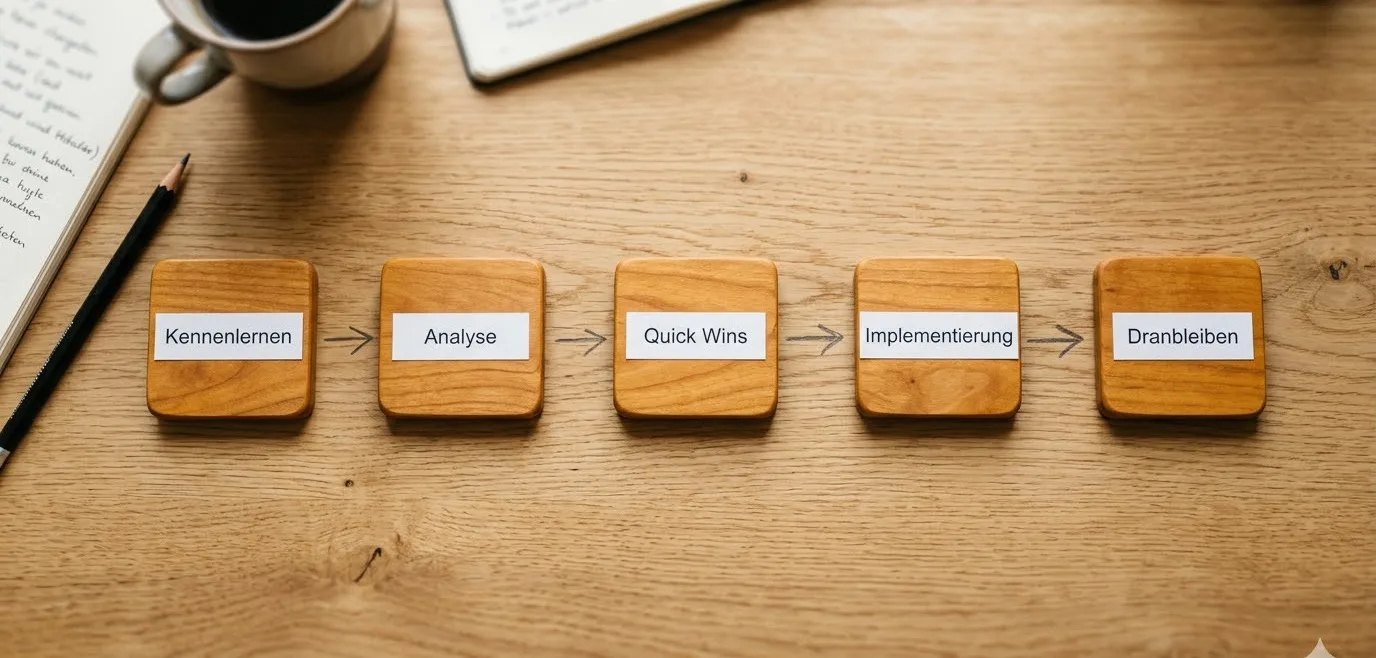 Unser Prozess: Kennenlernen, Analyse, Quick Wins, Implementierung, Dranbleiben — dargestellt als Workflow auf Holzplättchen