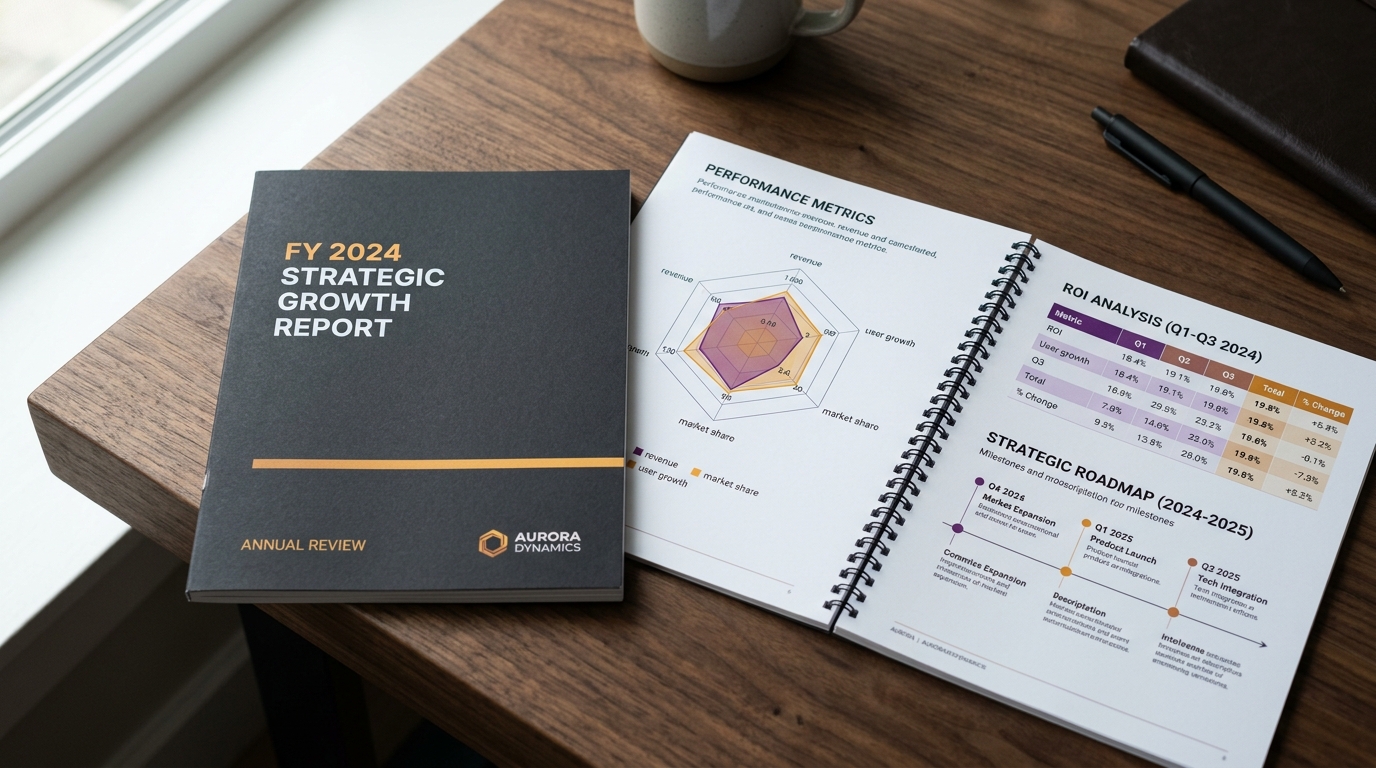 Unternehmensanalyse Report — aufgefächerte Seiten auf dunklem Schreibtisch